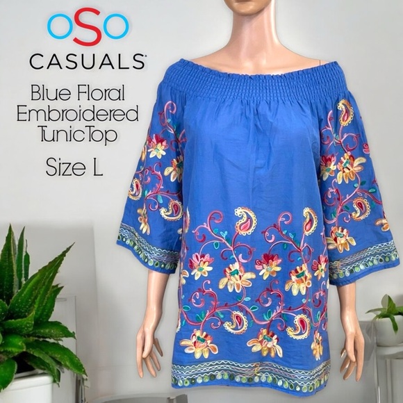 OSO Casuals Woven Chambray Crochet Detailed Convertible 3/4 Sleeve Top - Picture 16 of 16